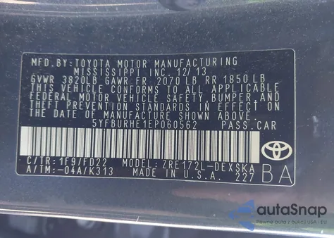 2014 Toyota Corolla S Plus from USA, damaged, VIN 5YFBURHE1EP060562